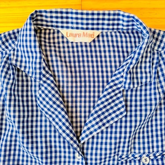 Blue Gingham Blouse Laura Mae Tab Sleeve Vintage - Picture 4 of 10